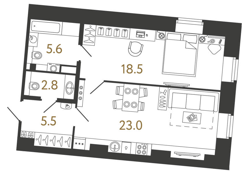 Однокомнатный номер №114 в ЖК Типография - 55.4 м²