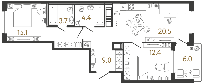 Двухкомнатная квартира №336 в ЖК Передвижники - 65.1 м²