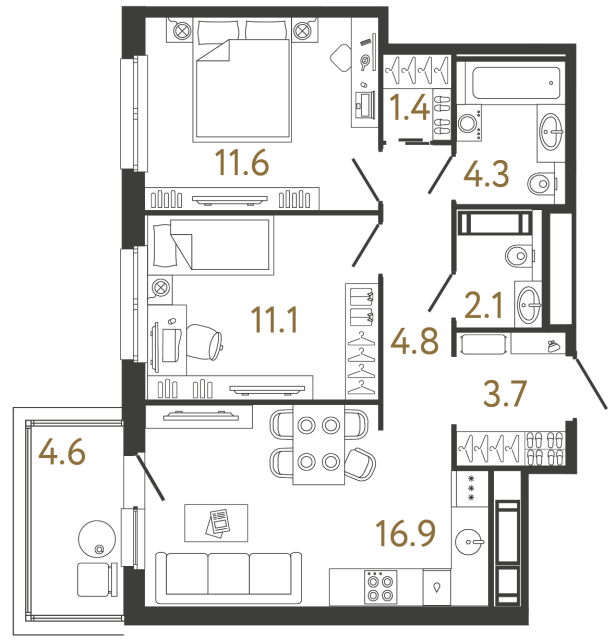 Двухкомнатная квартира №328 в ЖК Передвижники - 55.9 м²