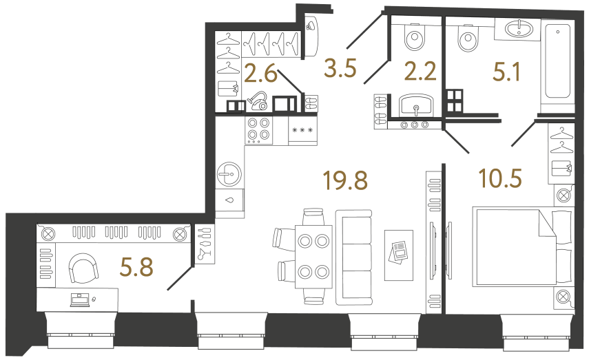 Двухкомнатные апартаменты №86 в ЖК Светоч - 49.5 м²