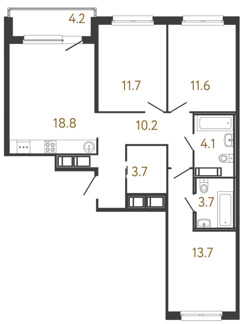 Трёхкомнатная квартира №183 в ЖК Передвижники - 77.5 м²  - №2