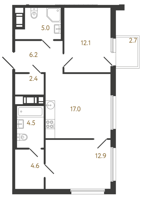 Двухкомнатная квартира №379 в ЖК Гений - 64.7 м²  - №2