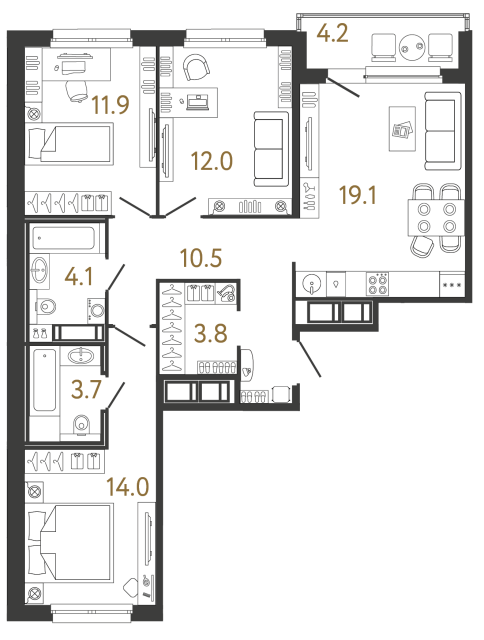 Трёхкомнатная квартира №170 в ЖК Передвижники - 79.1 м²