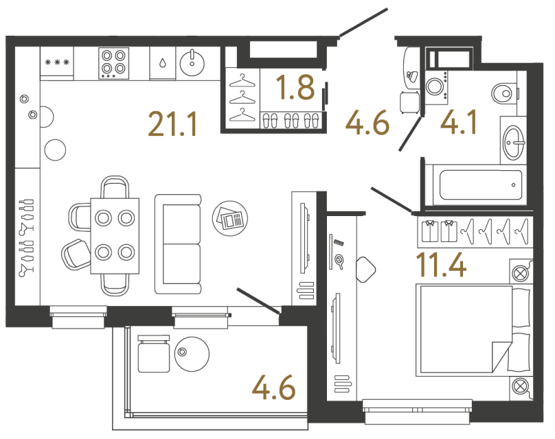 Однокомнатная квартира №169 в ЖК Передвижники - 43 м²