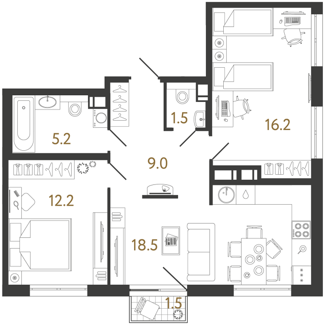 Двухкомнатная квартира №251 в ЖК Струны - 62.6 м²