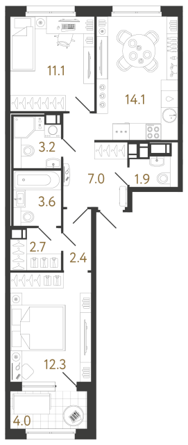 Двухкомнатная квартира №947 в ЖК Струны 2 оч. - 58.3 м²