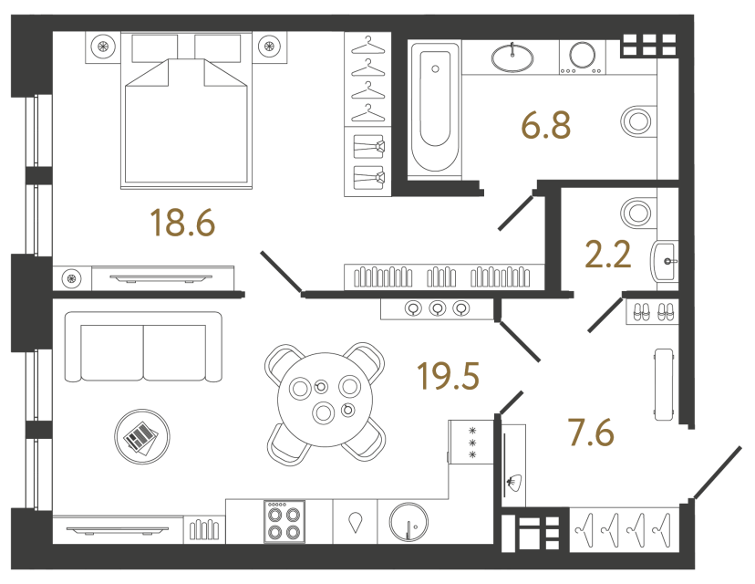 Однокомнатная квартира №43 в ЖК Коллекционер - 54.6 м²