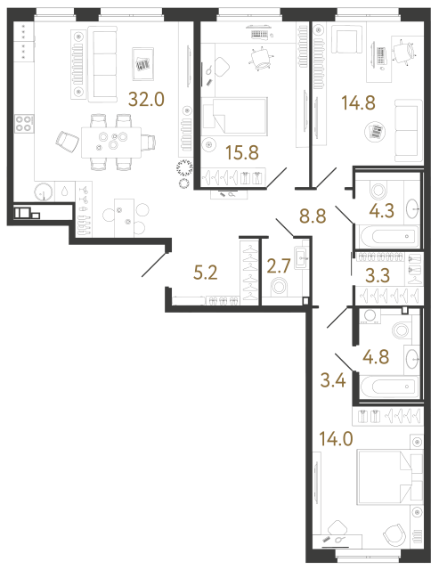Трёхкомнатная квартира №63 в ЖК Визионер - 109.1 м²