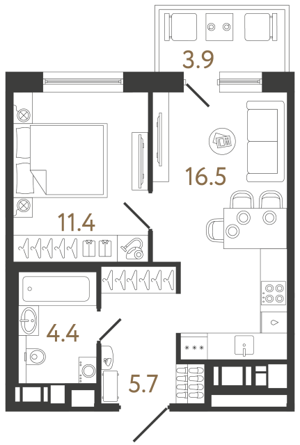 Однокомнатная квартира №113 в ЖК Передвижники 2 - 38 м²