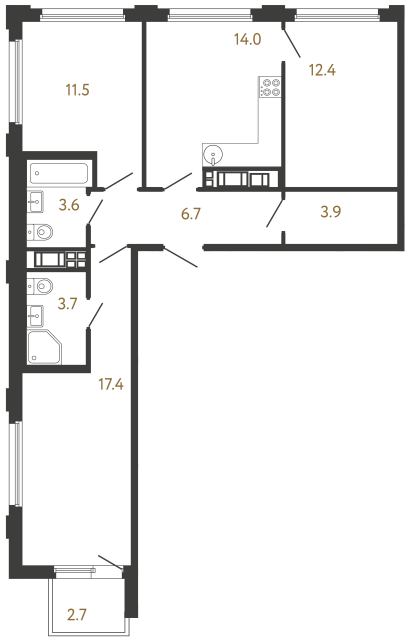 Трёхкомнатная квартира №669 в ЖК Гений - 73.2 м²  - №2