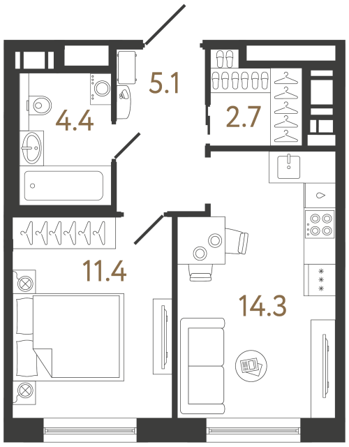 Однокомнатная квартира №42 в ЖК Передвижники 2 - 37.9 м²