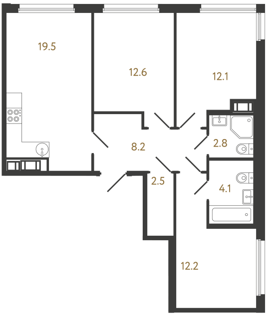 Трёхкомнатная квартира №557 в ЖК Гений - 74 м²  - №2