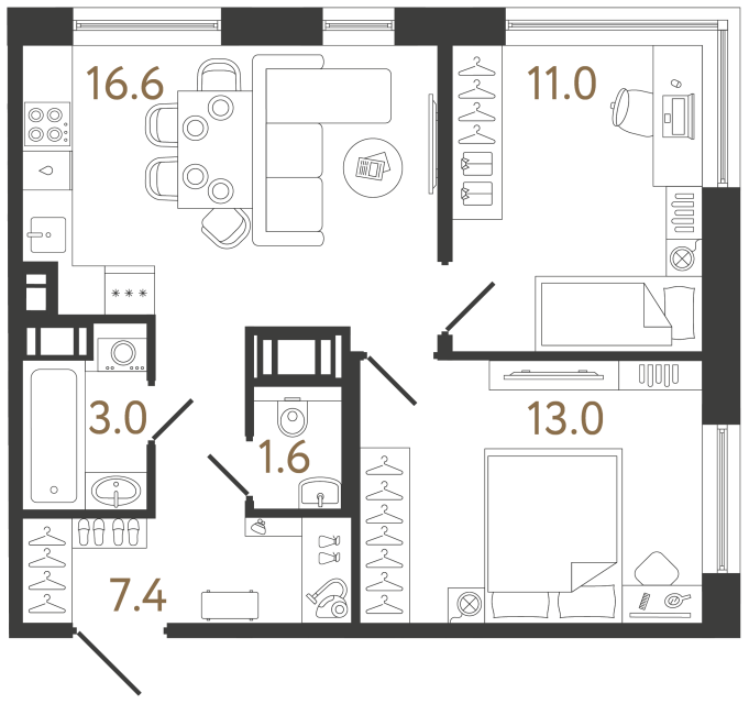 Двухкомнатная квартира №315 в ЖК Передвижники 2 - 52.6 м²