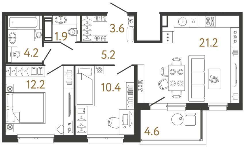 Двухкомнатная квартира №176 в ЖК Передвижники - 58.7 м²