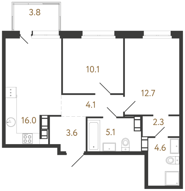 Двухкомнатная квартира №296 в ЖК Куинджи - 58.5 м²  - №2
