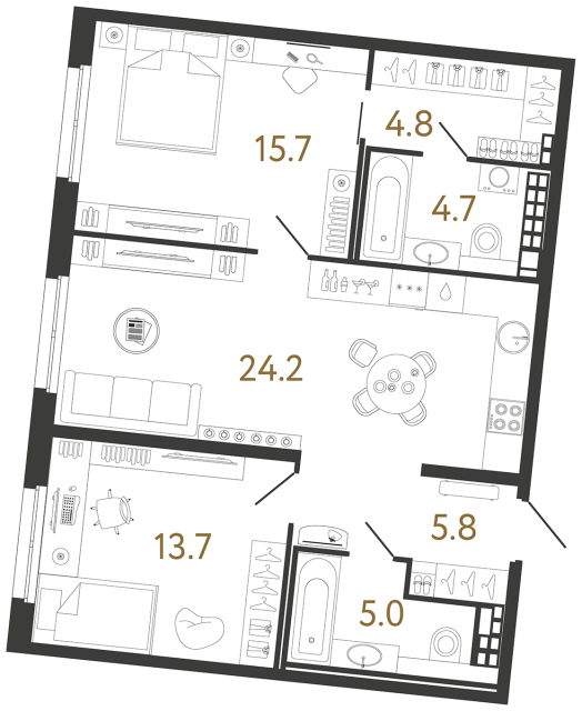 Двухкомнатная квартира №202 в ЖК Визионер - 73.9 м²