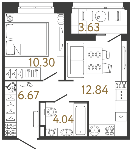Однокомнатная квартира №852 в ЖК Ultra City 3 - 33.85 м²