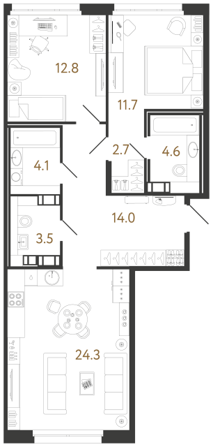 Двухкомнатная квартира №62 в ЖК Куинджи - 77.7 м²