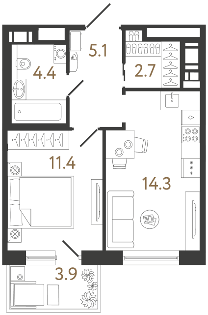 Однокомнатная квартира №120 в ЖК Передвижники 2 - 37.9 м²