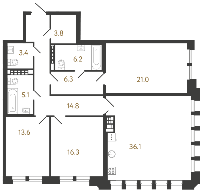 Трёхкомнатная квартира №60 в ЖК Коллекционер - 126.6 м²  - №2