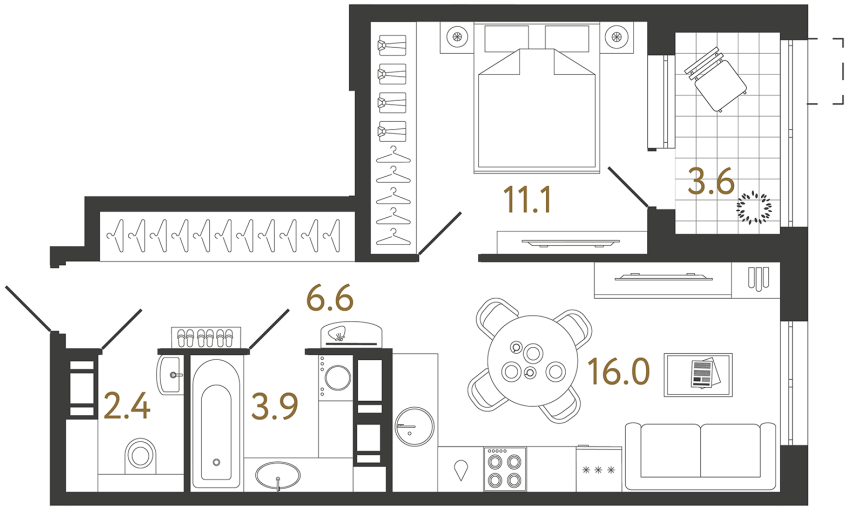 Однокомнатная квартира №9 в ЖК Струны - 40 м²