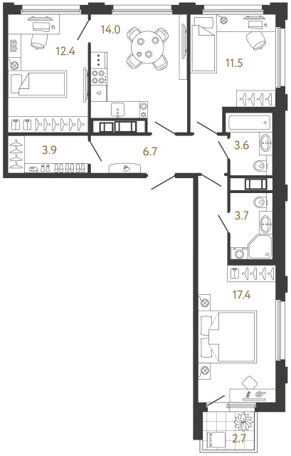 Трёхкомнатная квартира №732 в ЖК Гений - 73.2 м²