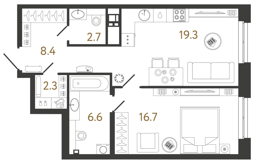 Однокомнатная квартира №19 в ЖК Коллекционер - 56 м²
