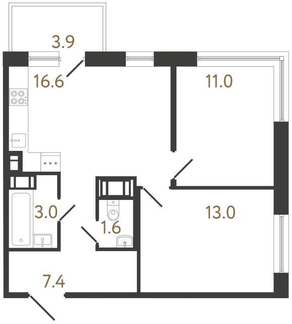 Двухкомнатная квартира №326 в ЖК Передвижники 2 - 52.6 м²  - №2