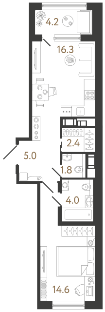 Однокомнатная квартира №242 в ЖК Передвижники 2 - 44.1 м²