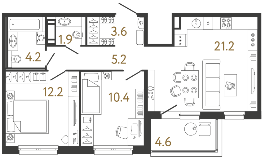 Двухкомнатная квартира №152 в ЖК Передвижники - 58.7 м²