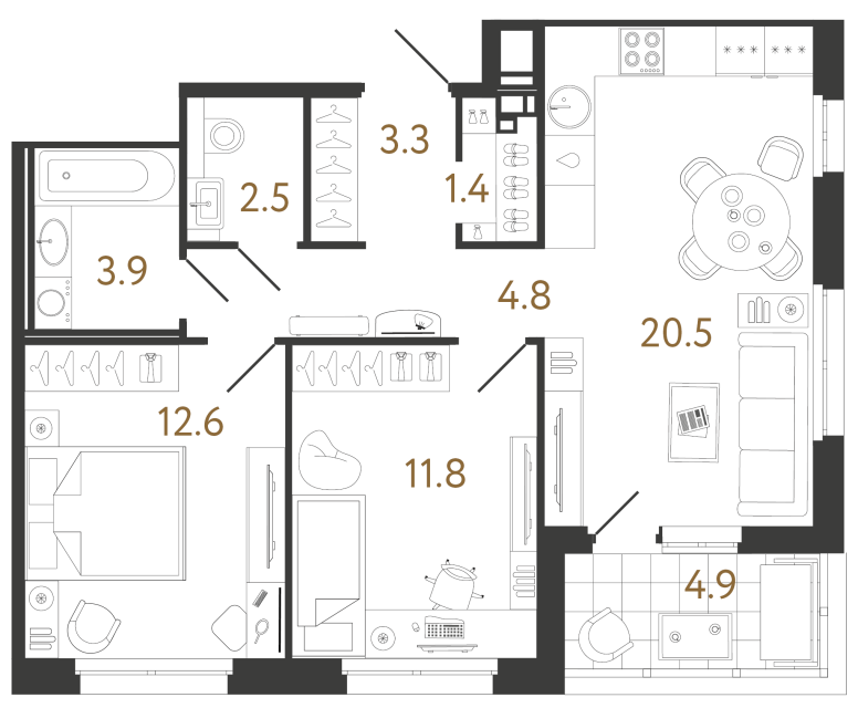 Двухкомнатная квартира №55 в ЖК Литера - 60.8 м²