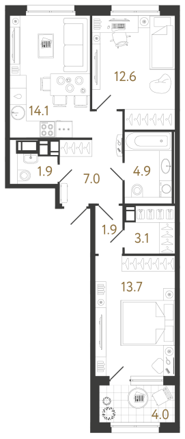 Двухкомнатная квартира №895 в ЖК Струны 2 оч. - 59.2 м²