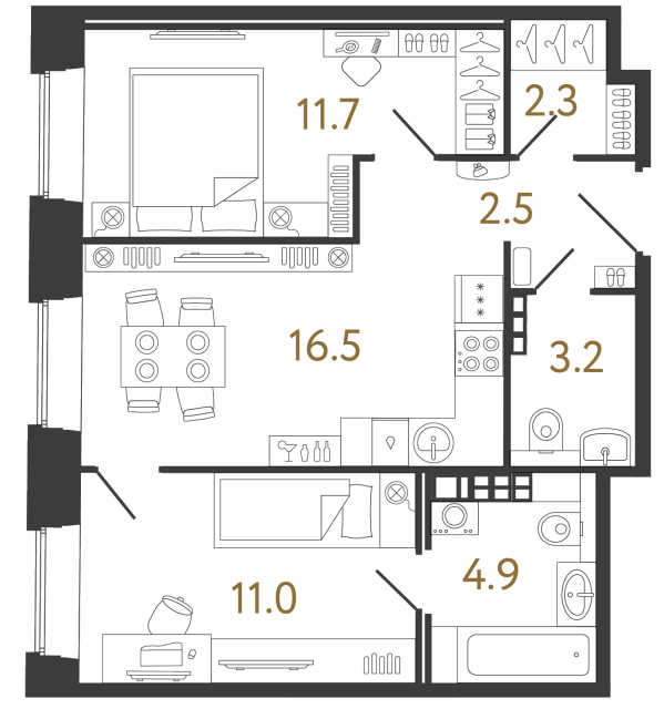 Двухкомнатные апартаменты №63 в ЖК Светоч - 52.1 м²