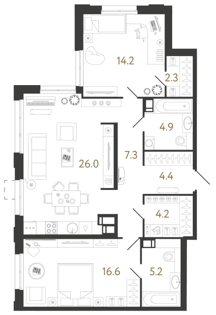Двухкомнатная квартира №1137 в ЖК Струны 2 оч. - 85.1 м²