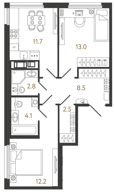 Двухкомнатная квартира №516 в ЖК Гений - 54.8 м²