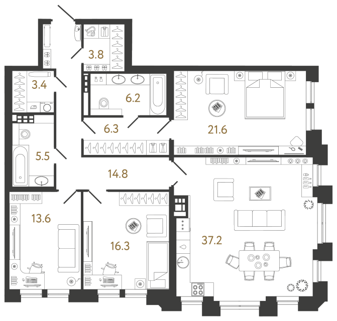 Трёхкомнатная квартира №40 в ЖК Коллекционер - 128.7 м²
