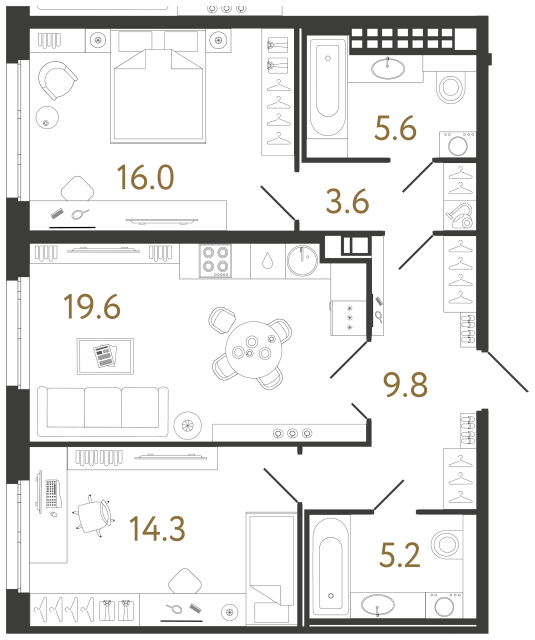 Двухкомнатная квартира №53 в ЖК Визионер - 74.1 м²