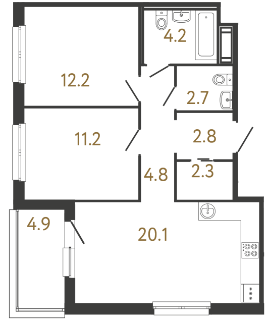 Двухкомнатная квартира №333 в ЖК Передвижники - 60.3 м²  - №2