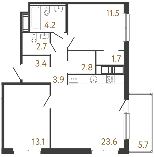 Двухкомнатная квартира №91 в ЖК Передвижники - 67 м²  - №2