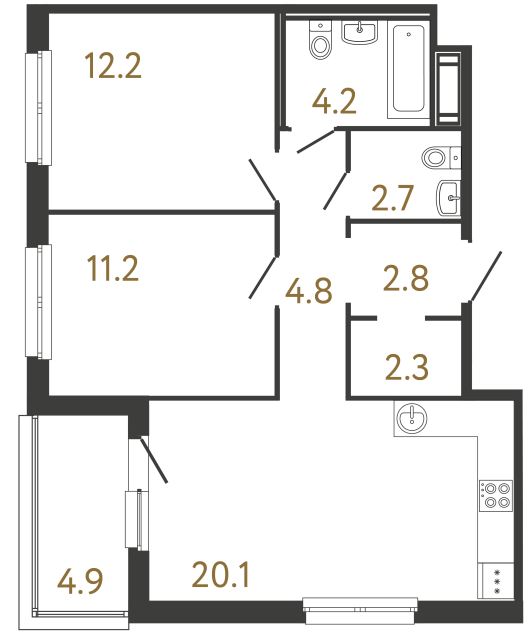 Двухкомнатная квартира №333 в ЖК Передвижники - 60.3 м²  - №2