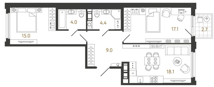 Двухкомнатная квартира №238 в ЖК Гений - 67.6 м²