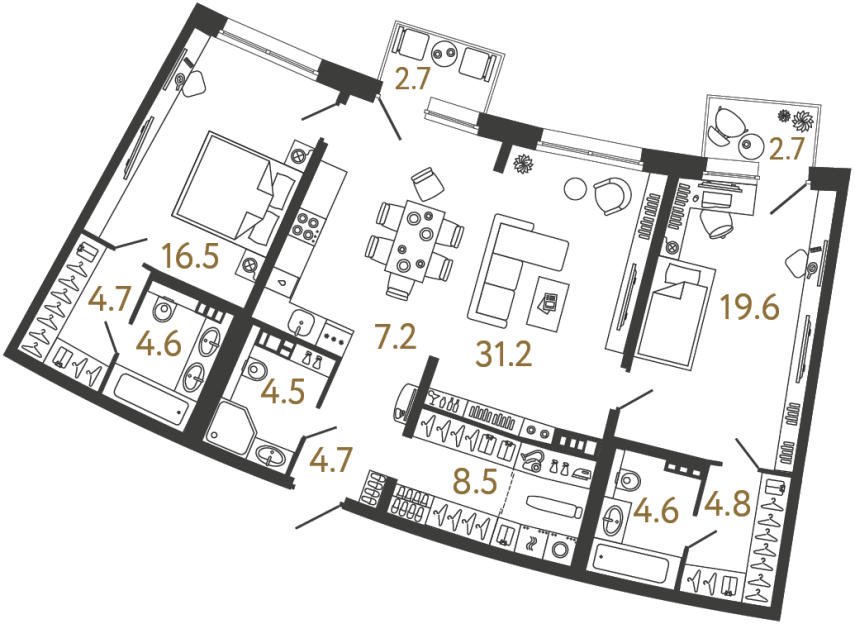 Двухкомнатная квартира №82 в ЖК Цвет Зеленогорска - 110.9 м²