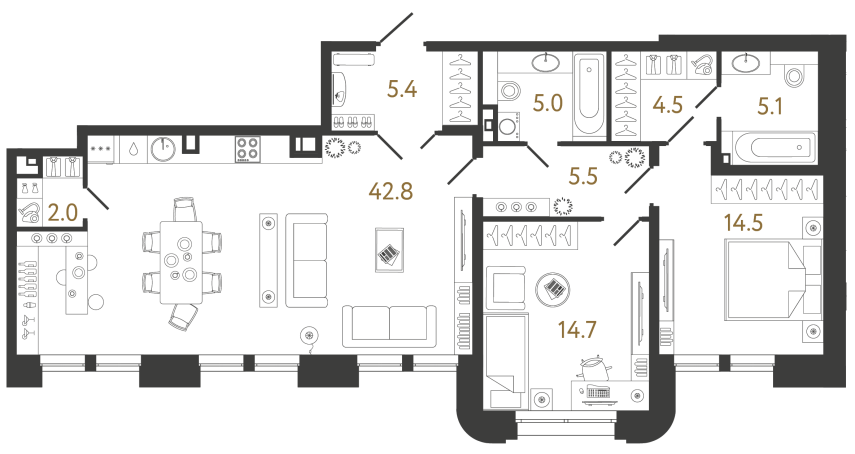 Двухкомнатная квартира №1 в ЖК Коллекционер - 99.5 м²