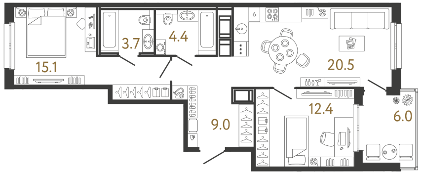 Двухкомнатная квартира №322 в ЖК Передвижники - 65.1 м²