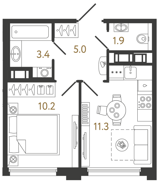 Однокомнатная квартира №519 в ЖК Гений - 31.8 м²