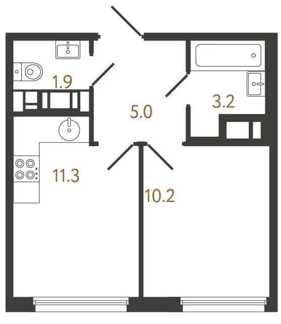 Однокомнатная квартира №1169 в ЖК Гений - 31.6 м²  - №2