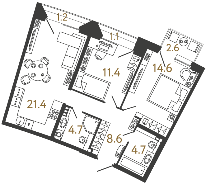 Двухкомнатная квартира №57 в ЖК Цвет Зеленогорска - 65.4 м²