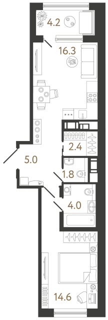 Однокомнатная квартира №216 в ЖК Передвижники 2 - 44.1 м²