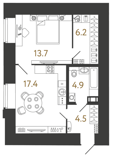 Однокомнатный номер №40 в ЖК Типография - 46.7 м²