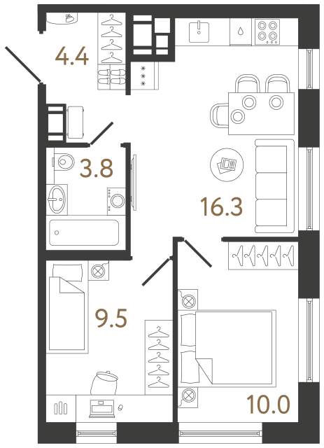 Двухкомнатная квартира №305 в ЖК Передвижники 2 - 44 м²